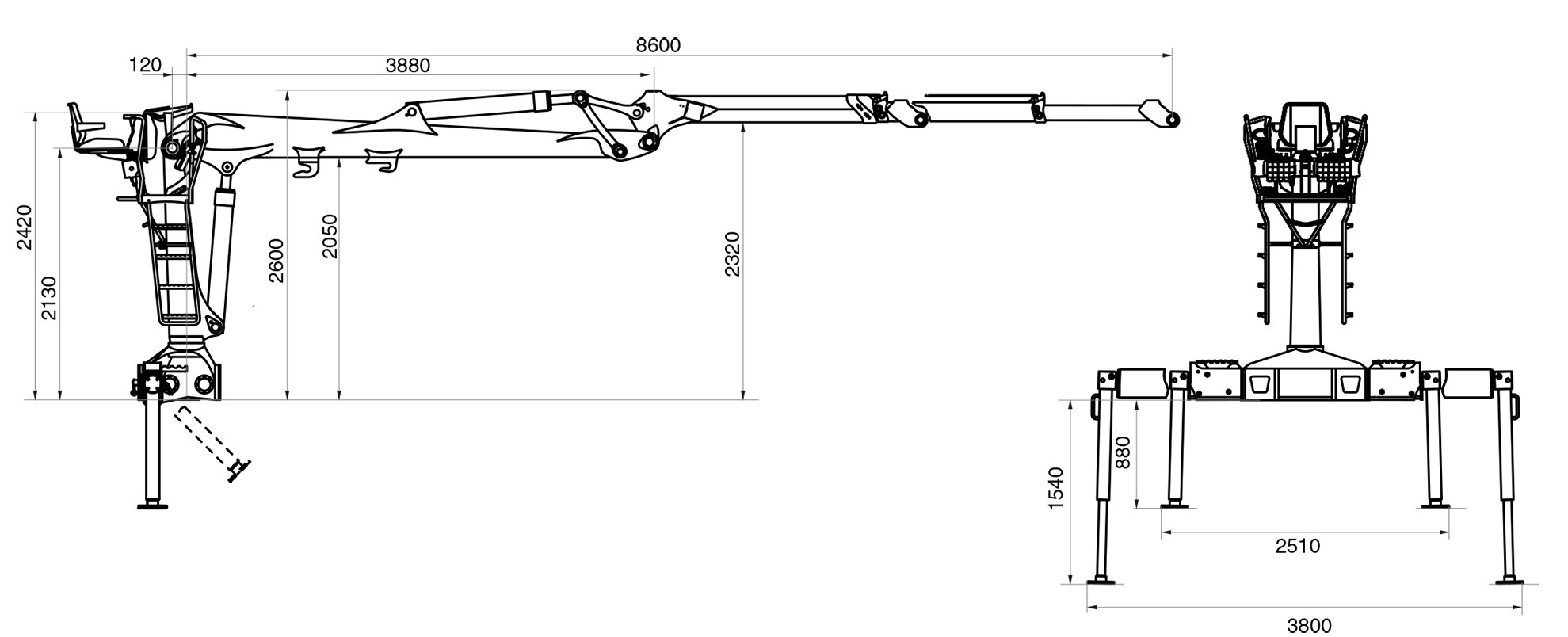 Габаритные размеры гидроманипулятора VM10L86